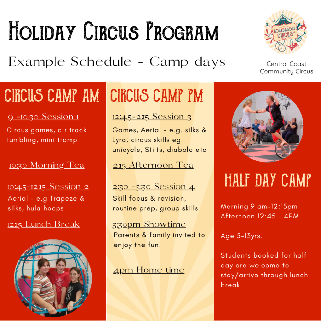 Circus Camp Holiday program full day schedule